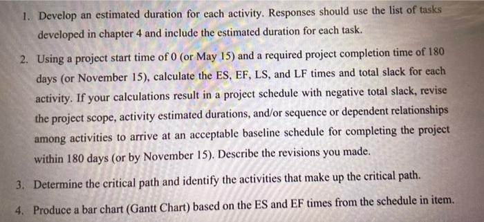 1. Develop an estimated duration for each