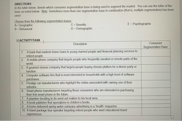 DIRECTIONS: In the table below, denote which