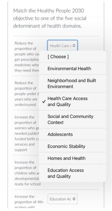 Match the Healthy People 2030 objective to one of
