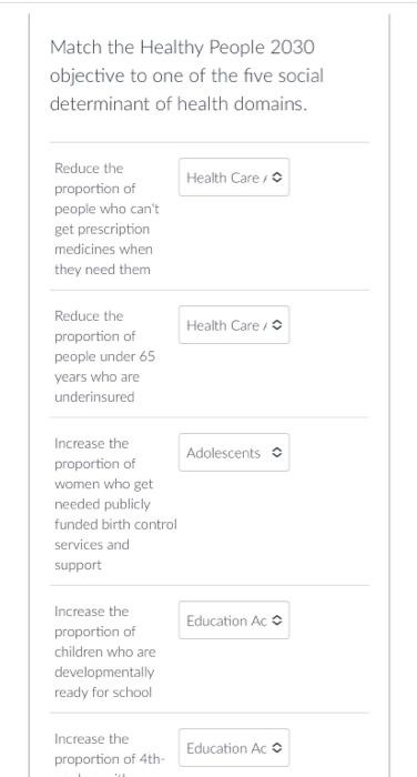 Match the Healthy People 2030 objective to one of
