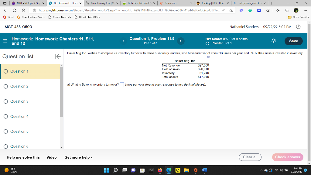 a) What is Baker's inventory turnover? times per