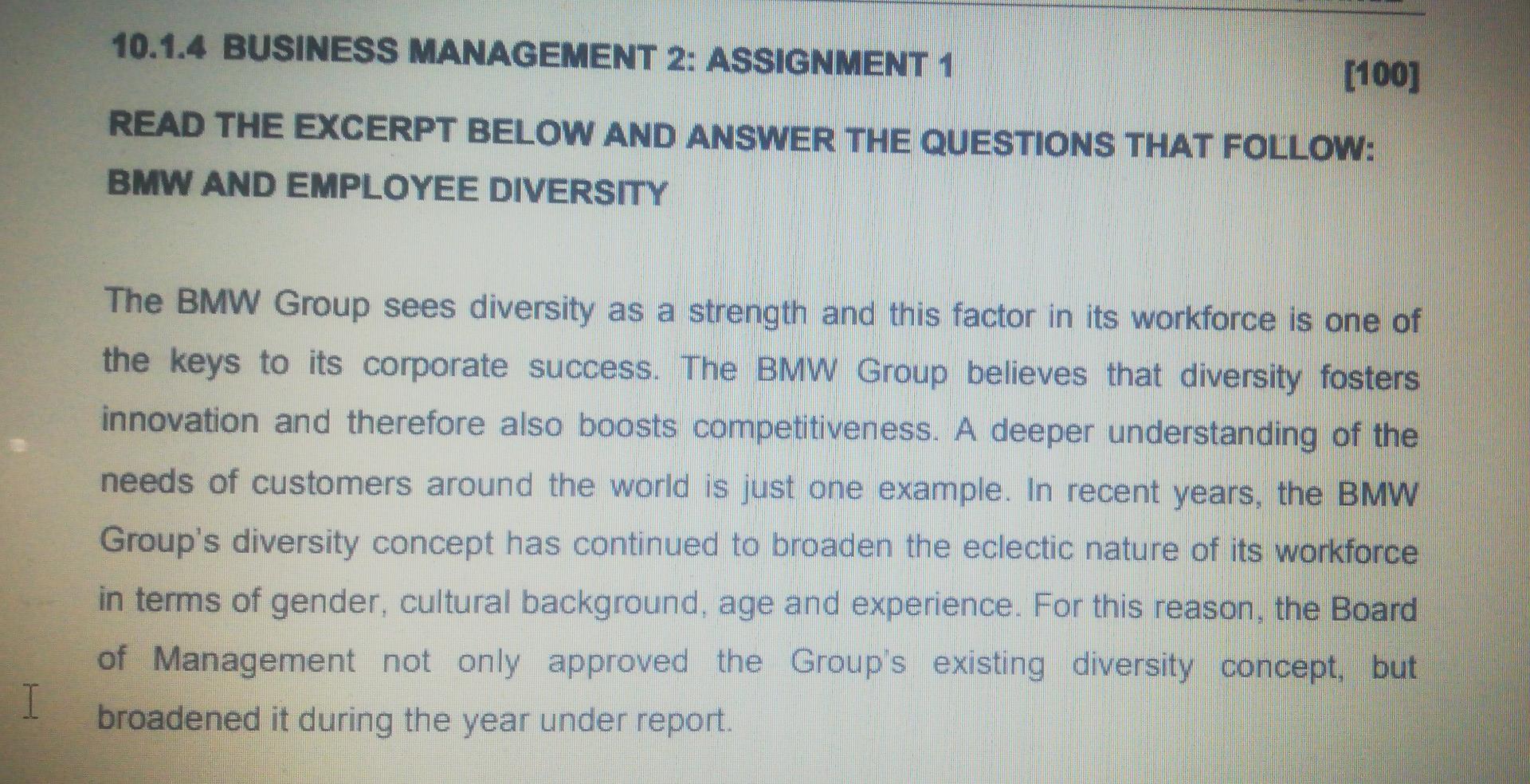 10.1.4 BUSINESS MANAGEMENT 2: ASSIGNMENT 1 [100]