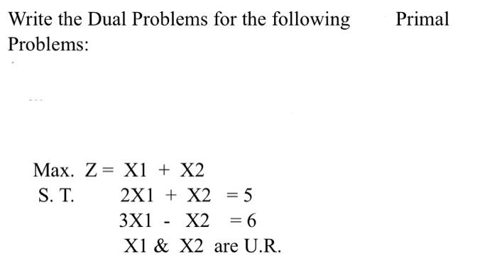 Primal Write the Dual Problems for the following