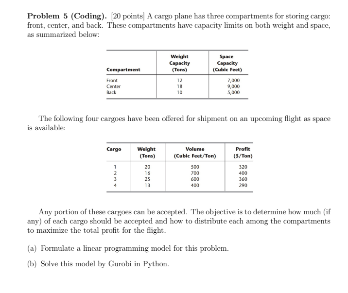 Problem 5 (Coding). [20 points] A cargo plane has