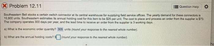 X Problem 12.11 Question Help Southeastern Bell