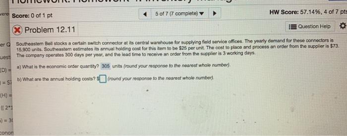 X Problem 12.11 Question Help Southeastern Bell