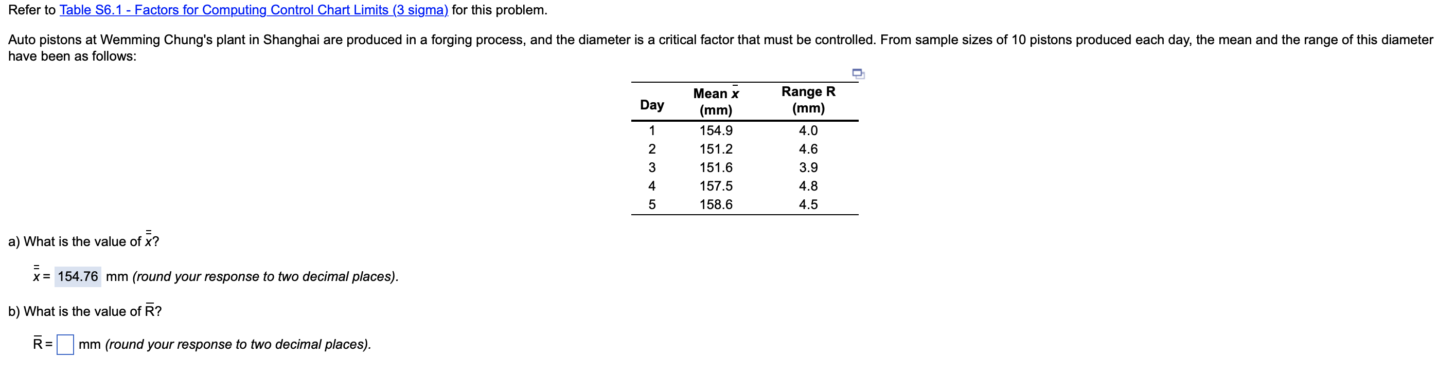 Refer to Table S6.1 - Factors for Computing