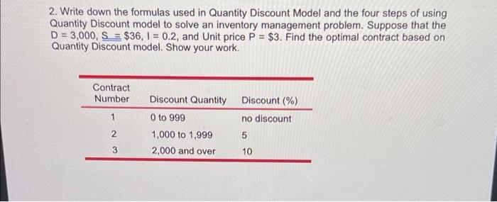 2. Write down the formulas used in Quantity