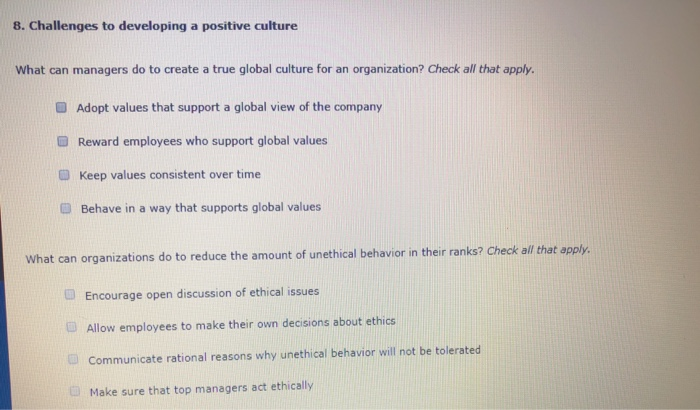 check all that apply 8. Challenges to developing