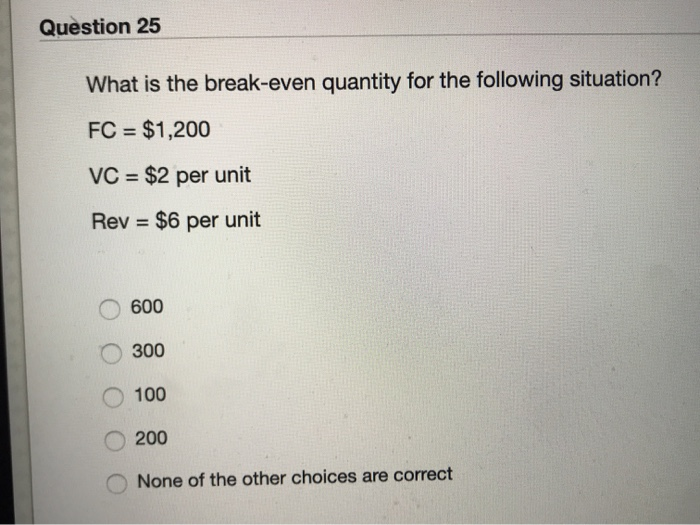 Question 25 What is the break-even quantity for
