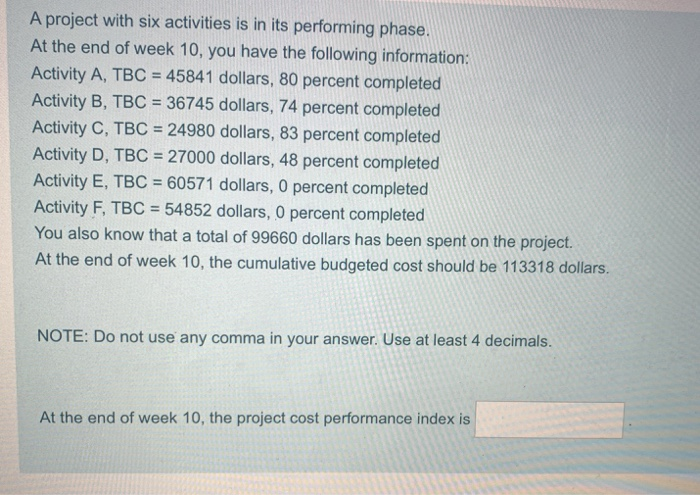 A project with six activities is in its