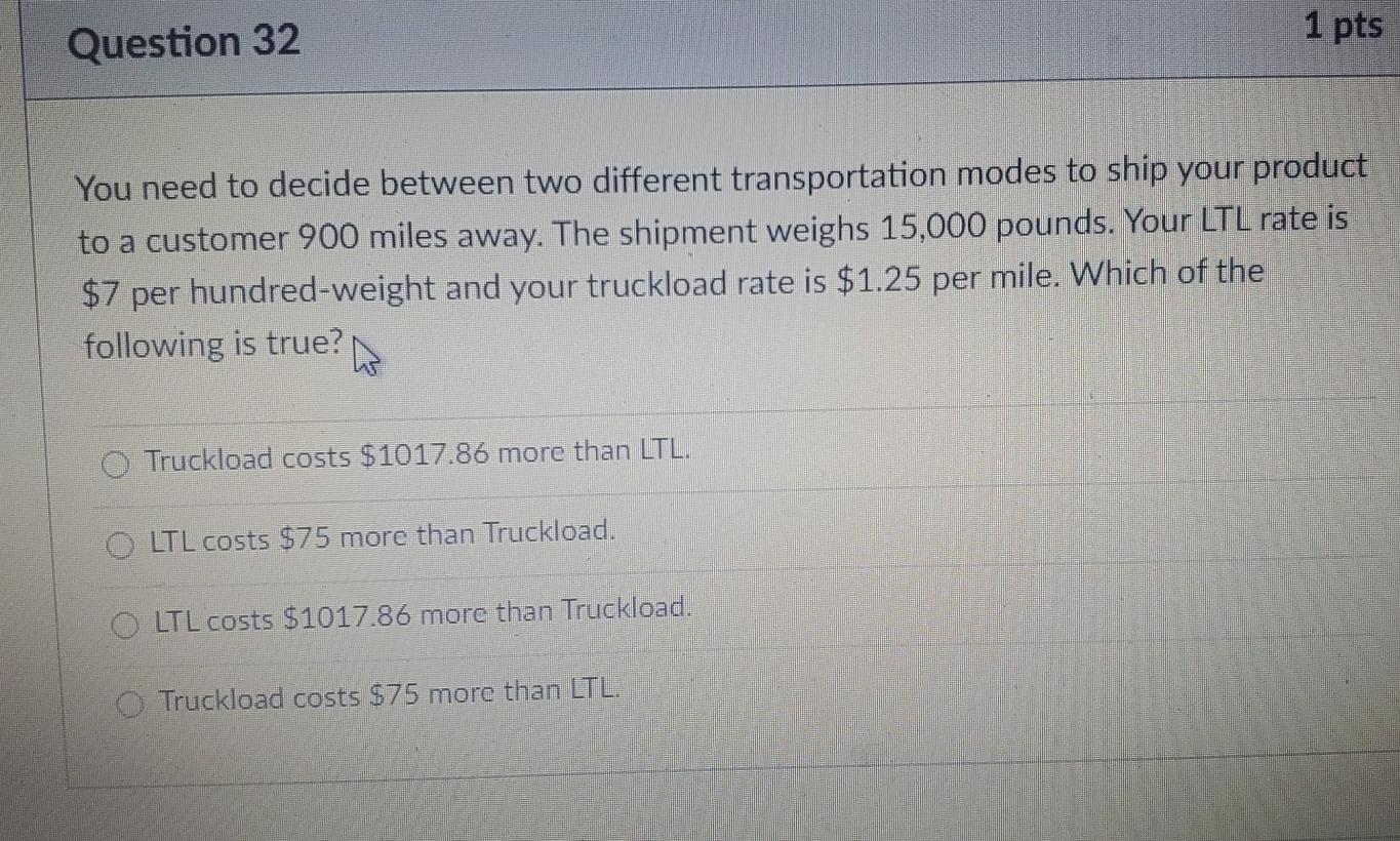 Question 32 1 pts You need to decide between two