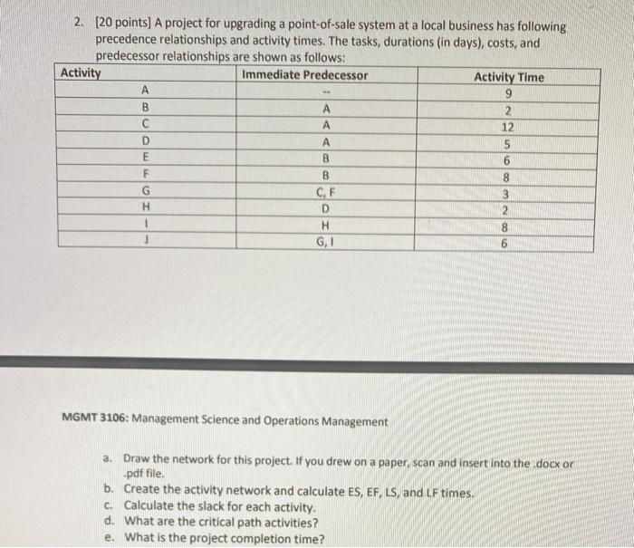 2. [20 points] A project for upgrading a