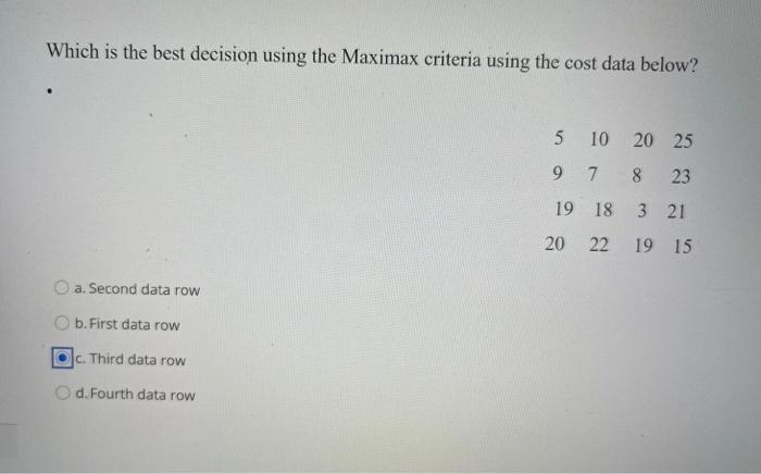 Which is the best decision using the Maximax