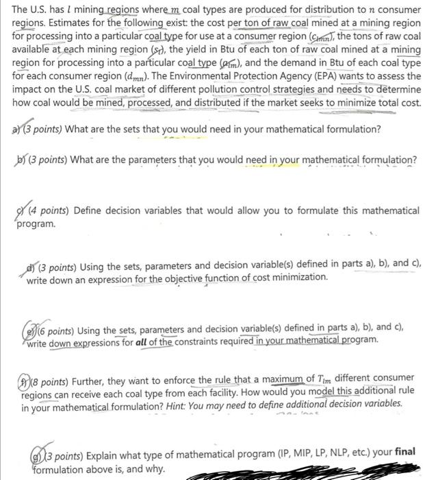 The U.S. has l mining regions where m coal types