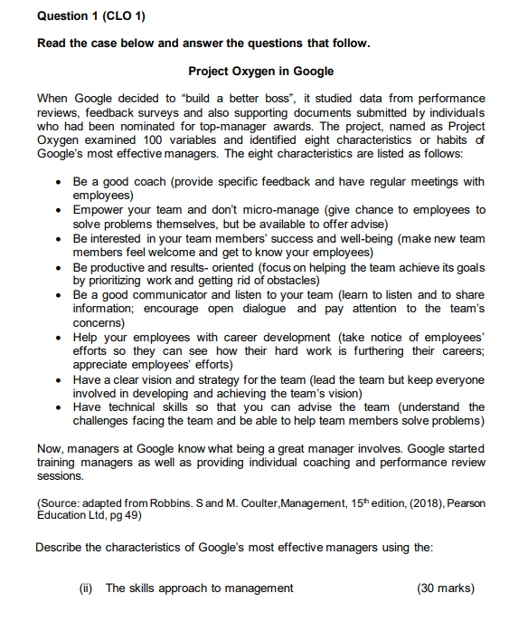 Question 1 (CLO 1) Read the case below and answer