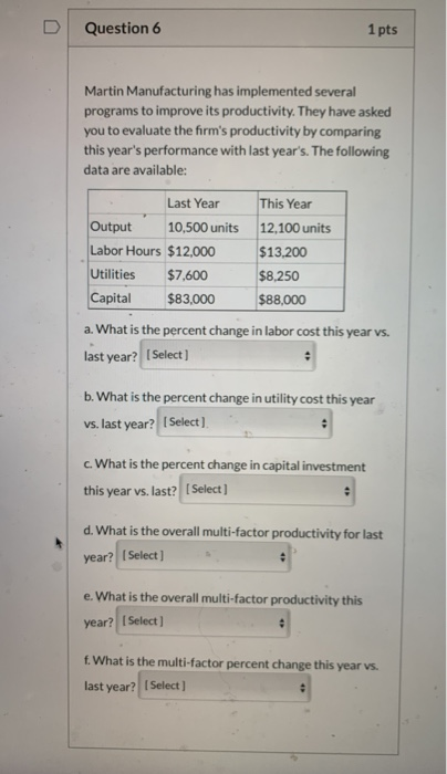 Question 6 1 pts Martin Manufacturing has