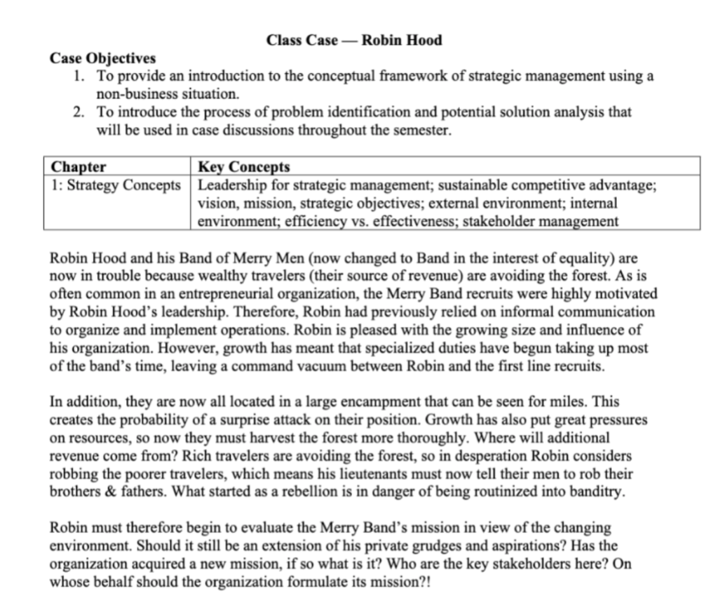 Class Case - Robin Hood Case Objectives 1. To