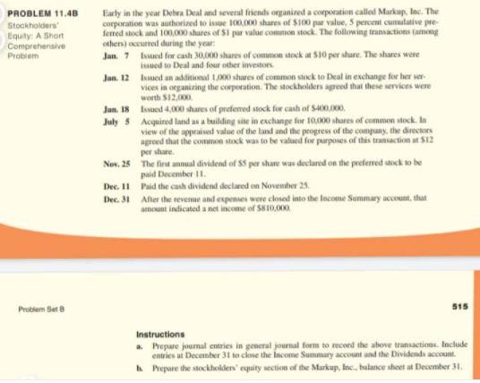PROBLEM 11.40 Stockholders Equity: A Short