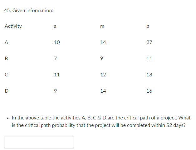 45. Given information: Activity a m b 10 14 27 B