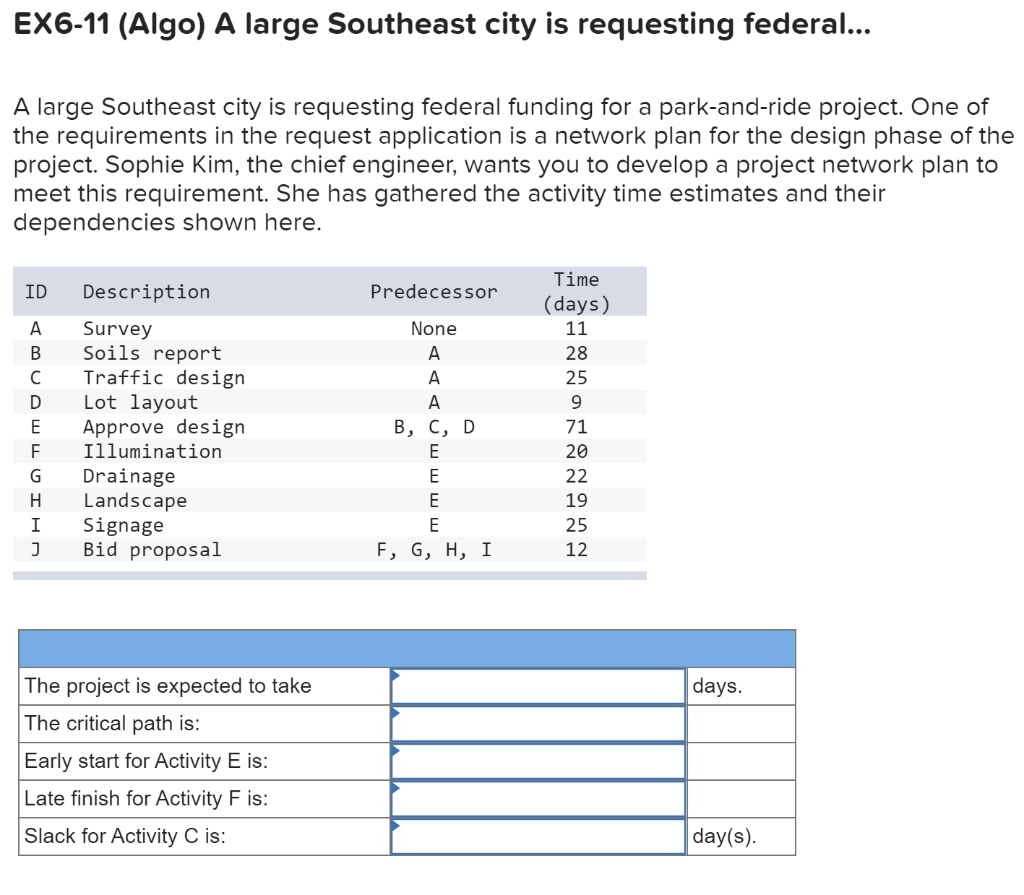 EX6-11 (Algo) A large Southeast city is
