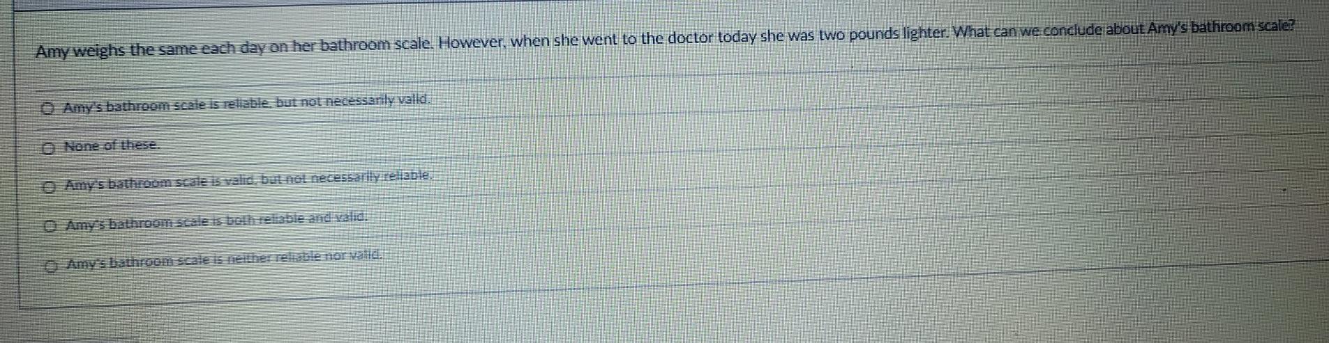 Amy weighs the same each day on her bathroom