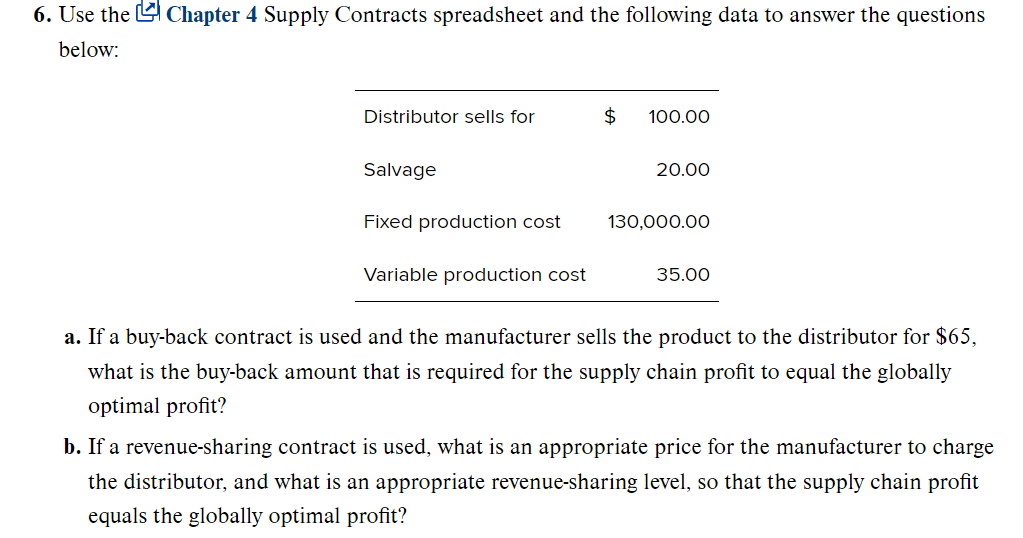 6. Use the Chapter 4 Supply Contracts spreadsheet