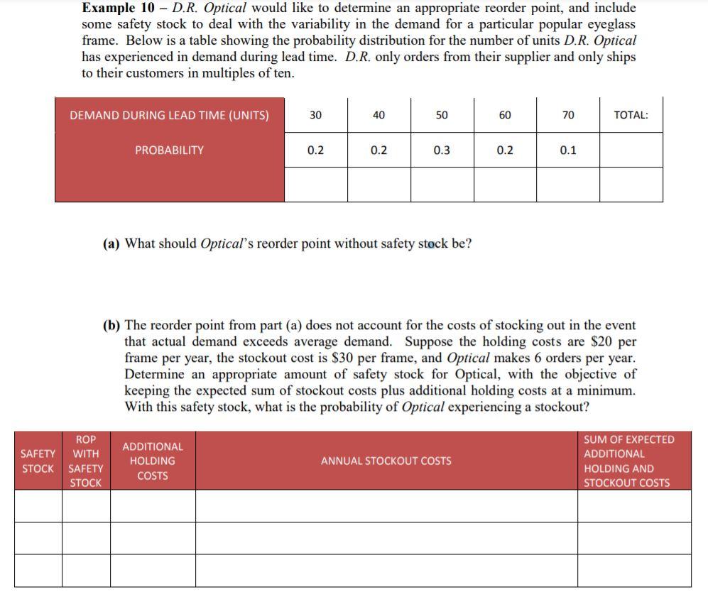 Example 10 - D.R. Optical would like to determine