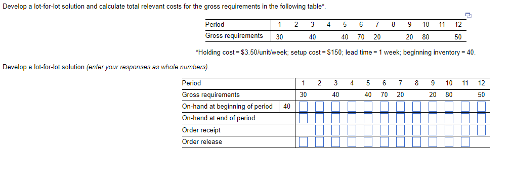 Develop a lot-for-lot solution and calculate