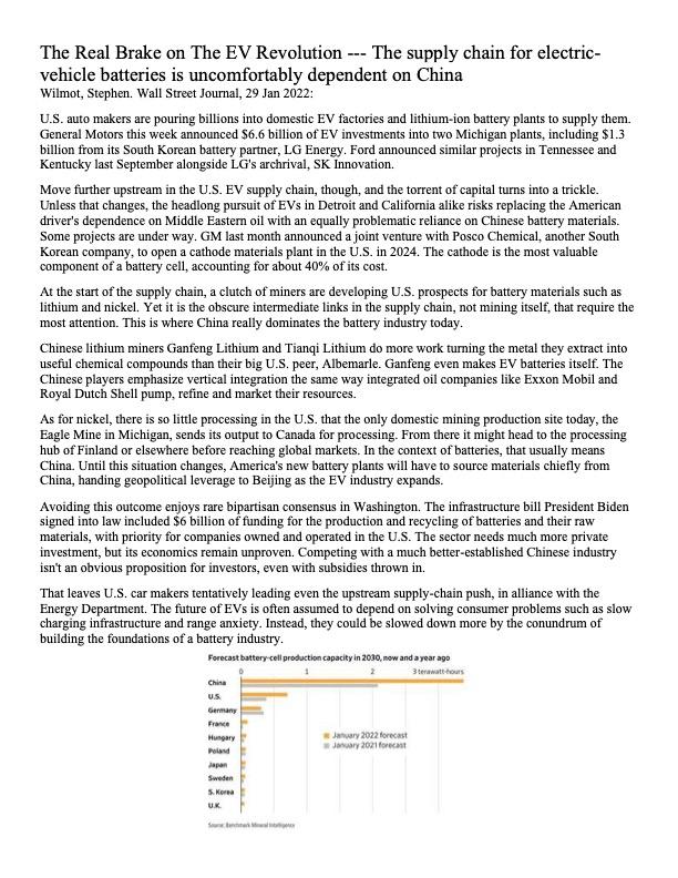 1. The US wants to build an EV battery value