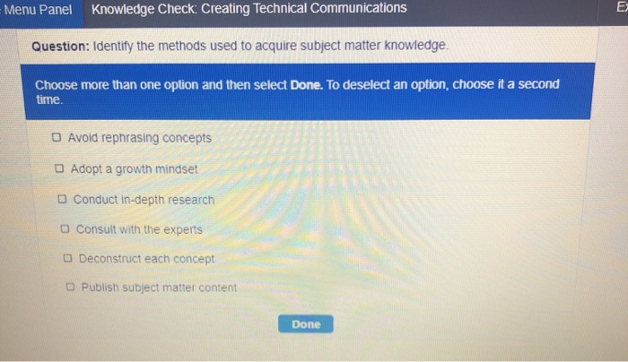 Menu Panel Knowledge Check: Creating Technical