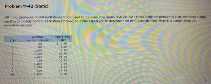 Problem 11-42 (Static) DAT, Inc. produces digital