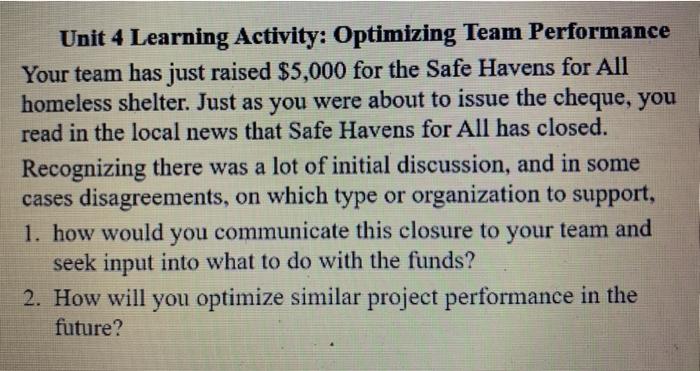 Unit 4 Learning Activity: Optimizing Team