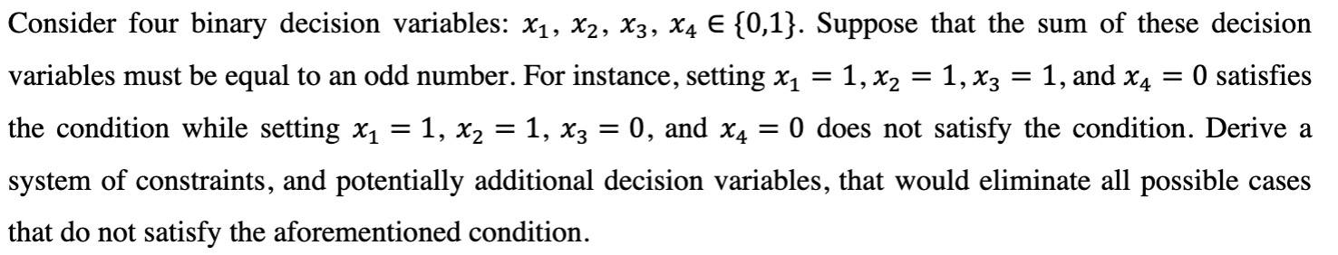 Consider four binary decision variables: 1, 2, 3,
