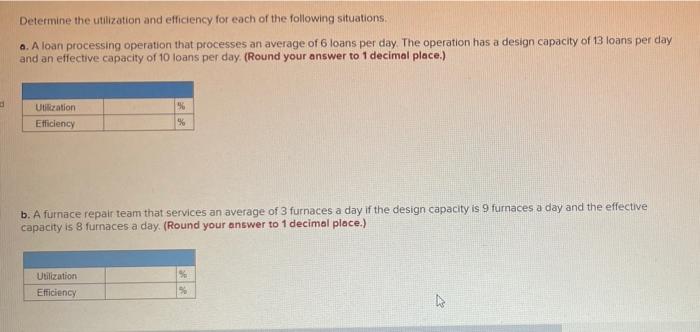 Determine the utilization and efficiency for each