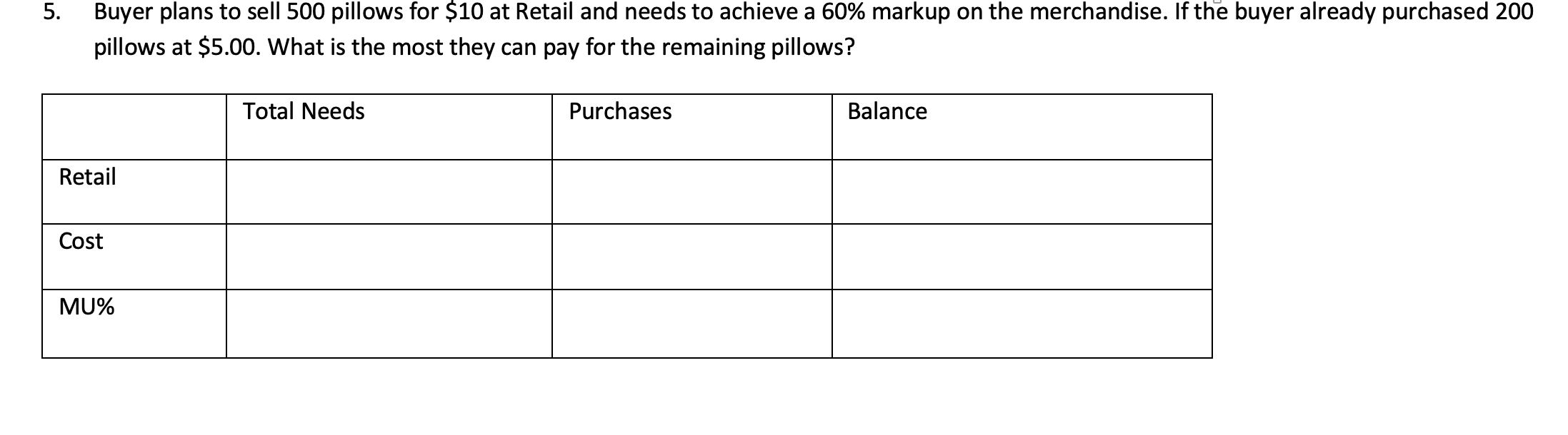 5. Buyer plans to sell 500 pillows for $10 at