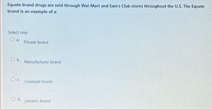 Equate brand drugs are sold through Wal-Mart and