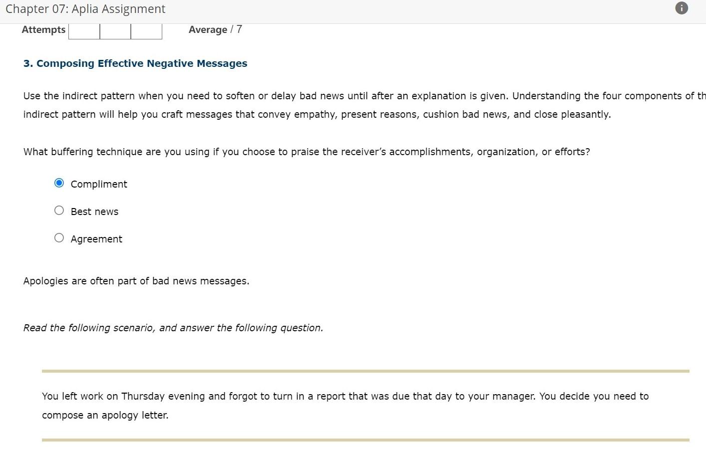 Chapter 07: Aplia Assignment Attempts Average/7