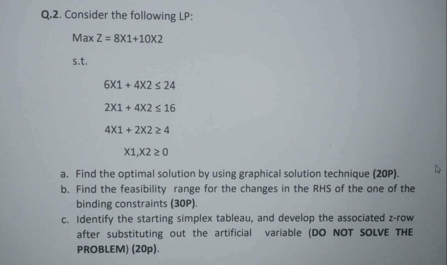 Q.2. Consider the following LP: Max Z = 8X1+10X2