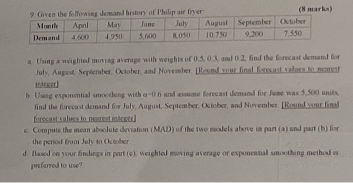 9.Given the following demand history of Philip