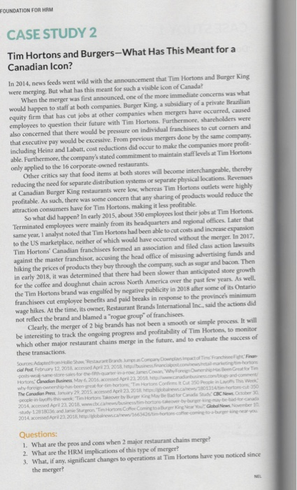 FOUNDATION FOR HRM CASE STUDY 2. Tim Hortons and