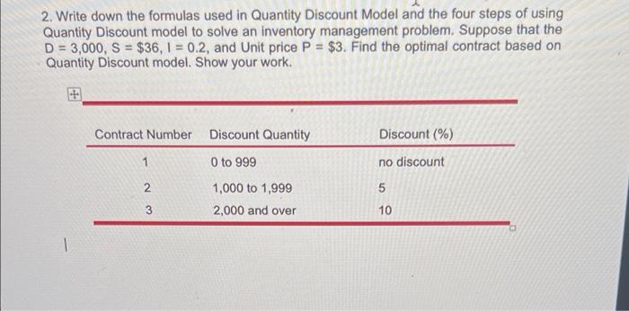 2. Write down the formulas used in Quantity
