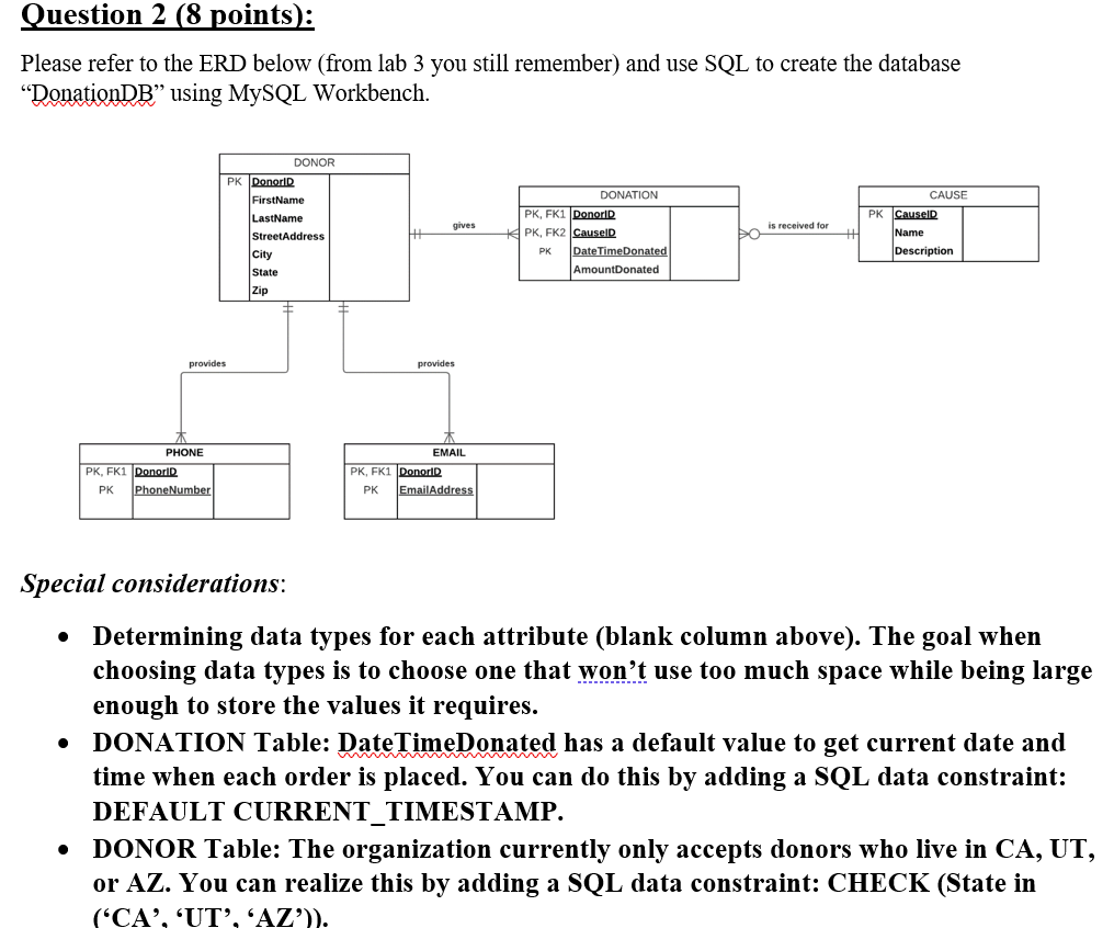 Question 2 (8 points): Please refer to the ERD