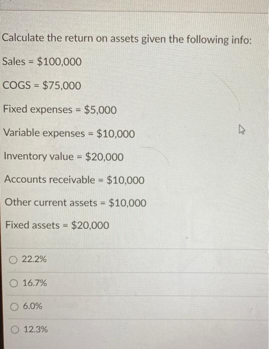 Calculate the return on assets given the