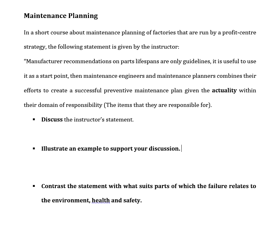 Maintenance Planning In a short course about