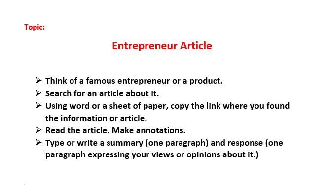 Topic: Entrepreneur Article Think of a famous