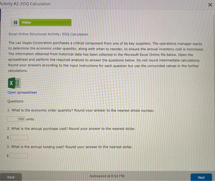 Activity #2: EOQ Calculation x Video Excel Online