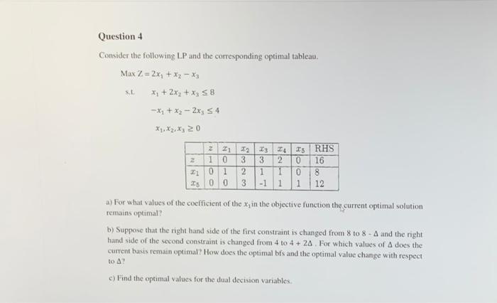 Question 4 Consider the following LP and the