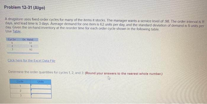 Problem 12-31 (Algo) A drugstore uses fixed-order