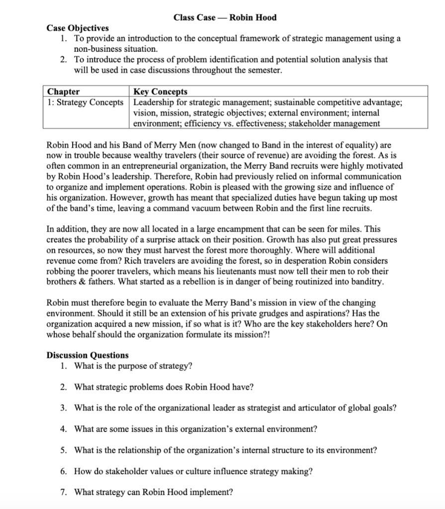 Class Case - Robin Hood Case Objectives 1. To